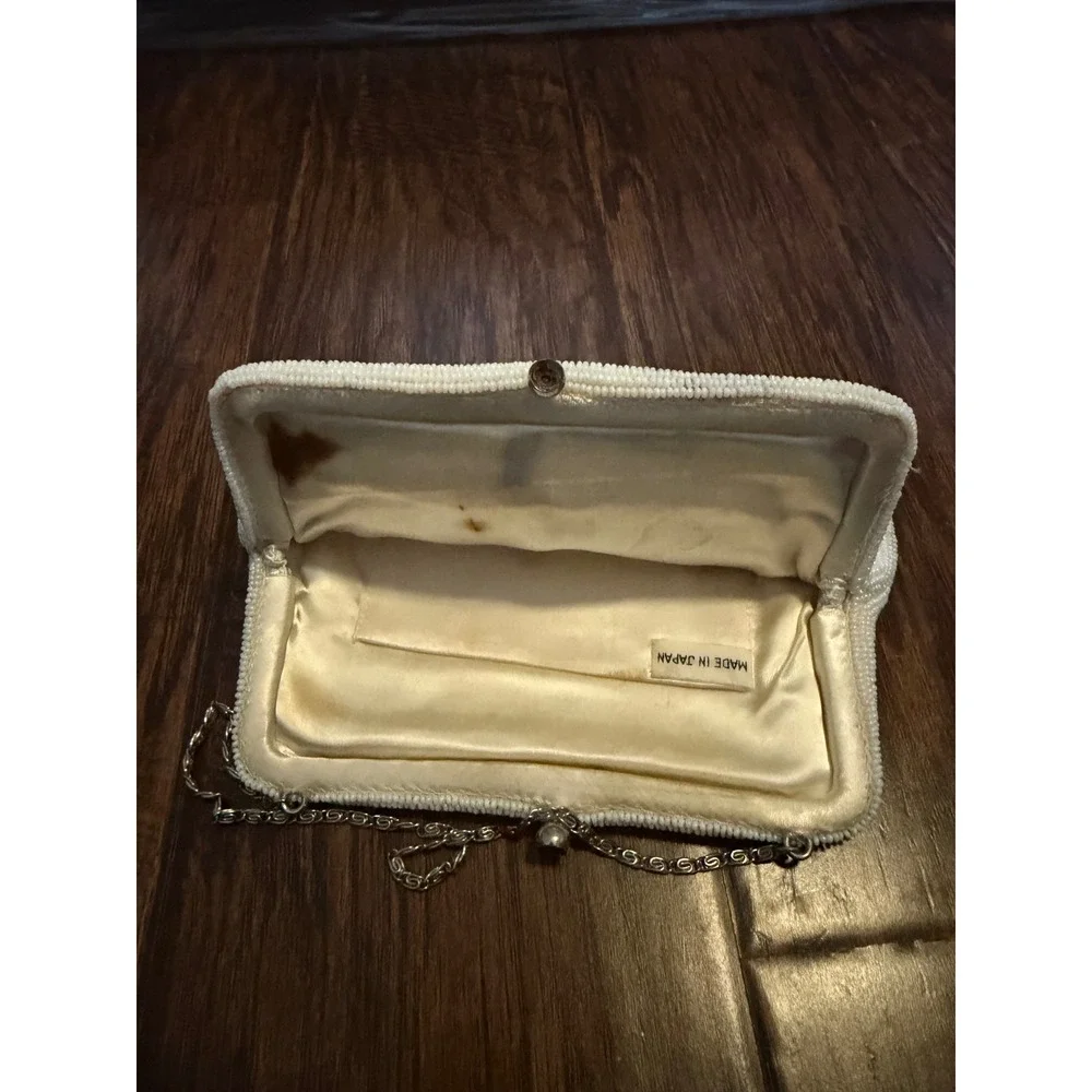 Vintage Made in Japan White Beaded Floral Clutch Evening Bag Silver Chain Strap